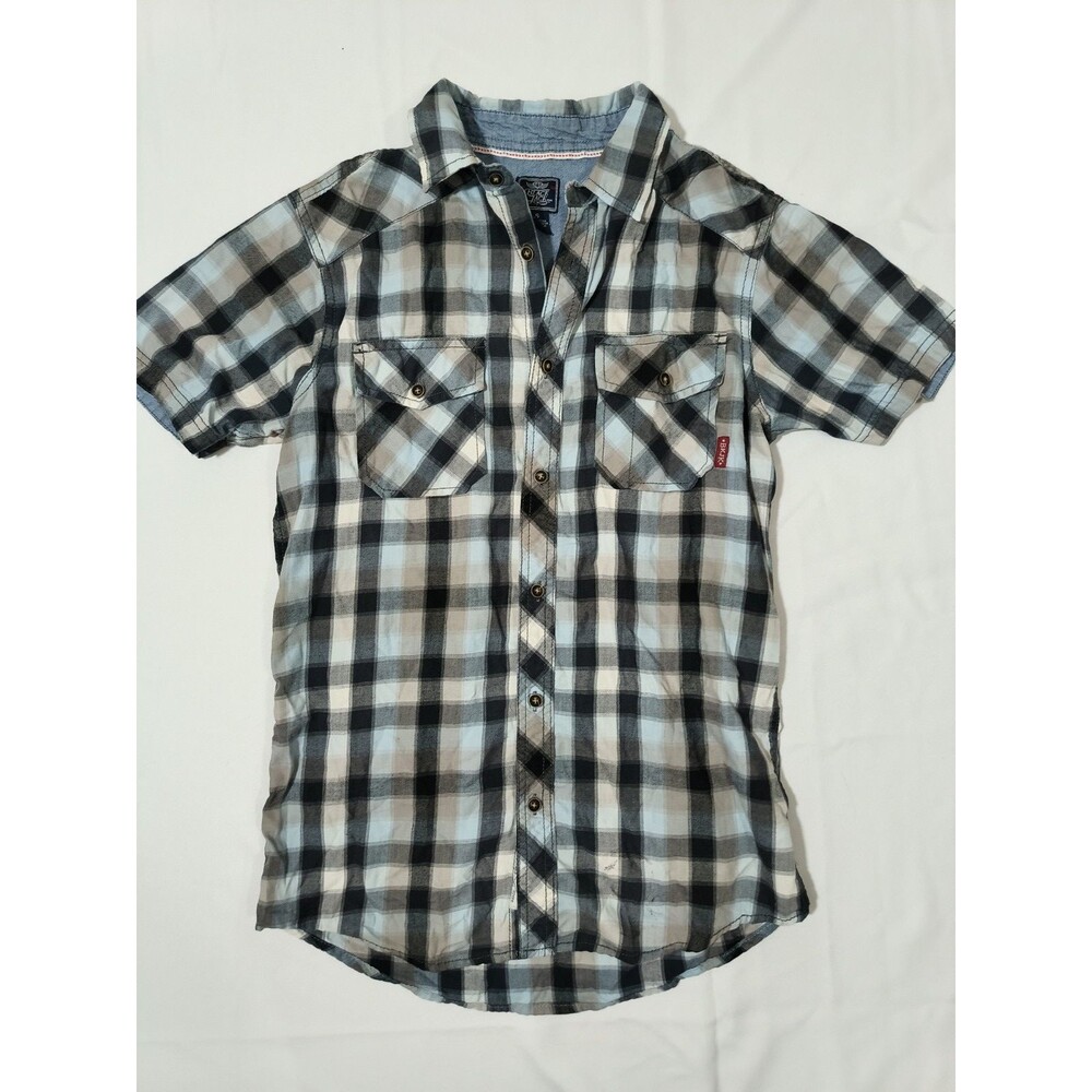 Black Jack Men's Small Plaid Short Sleeve Western Shirt Blue Gray Snap Button
